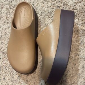 CROCS Tan and Dark Brown Platform Clogs worn once .